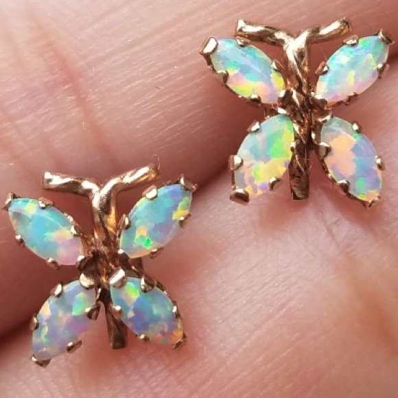 Jewelry - 10k Solid Yellow Gold Opal Butterfly Stud Earrings
